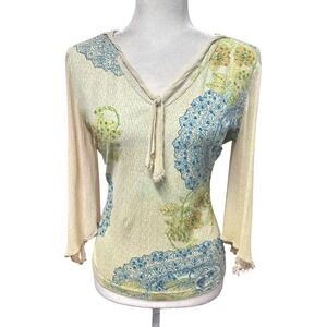 Vtg. Womens L Rhinestone 3/4 Sleeve Top Boho Hippie Floral Fairy Whimsy Goth Y2K